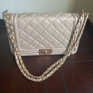 Beige Quilted Shoulder Bag with Adjustable Gold Strap